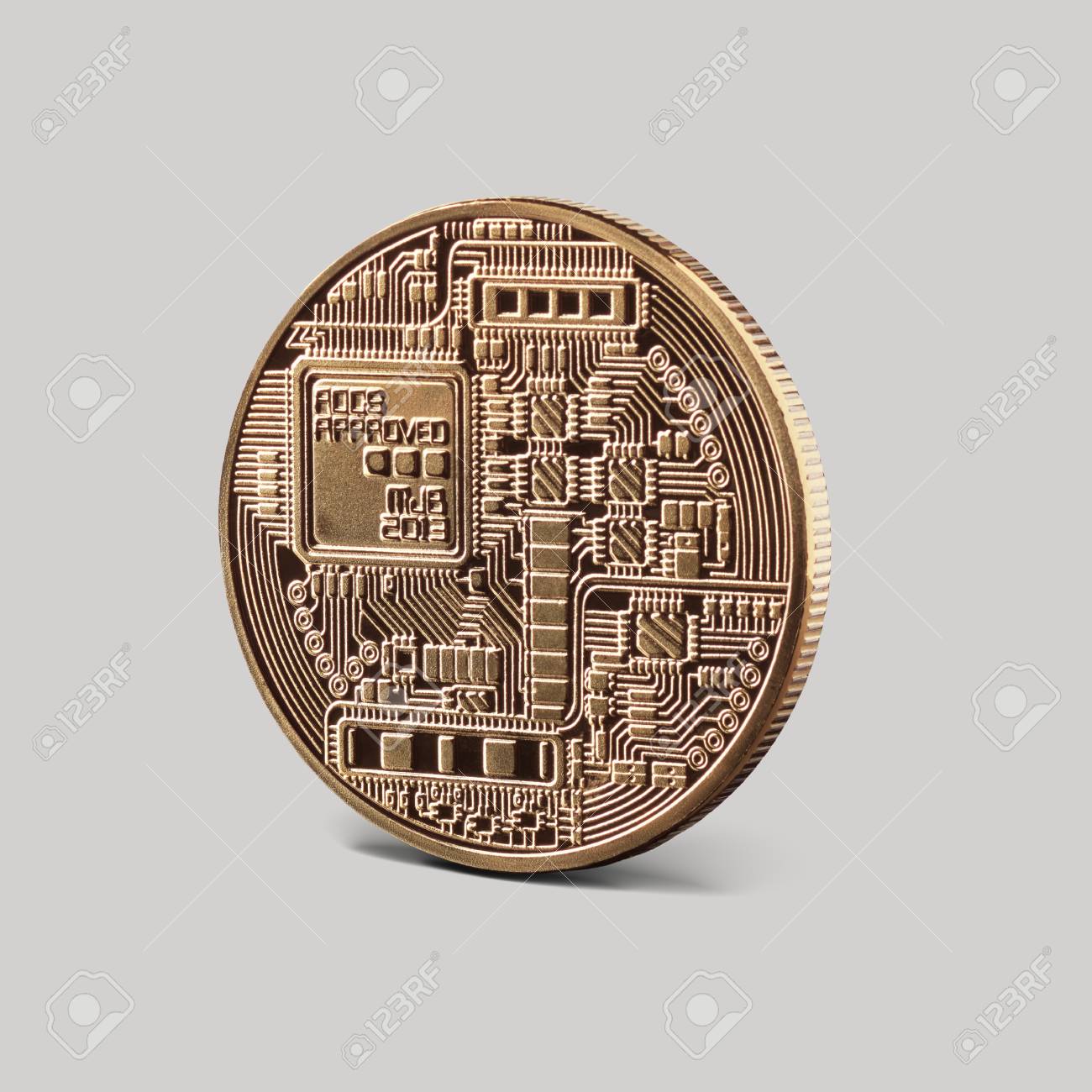 Back Side Of The Coin Bitcoin Gold On A Gray Background New - 